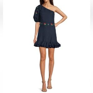 Fanm Mon Navy Flame Linen One Sleeve Ruffle Hem Floral Embroidery Mini Dress NWT